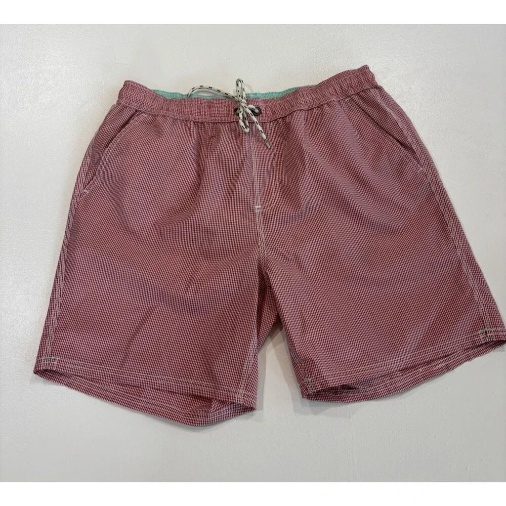 Boden London Men's 34 Swim Trunks Red/White Checkered With Pockets